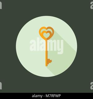 Key Circle Icon. Flat Design. Vector Illustration with Long Shadow. Happy Valentine Day Symbol. Key with heart shape Stock Vector