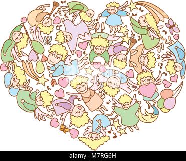 Card for Valentine's Day. Heart of the flying angels and cupids. Stock Vector