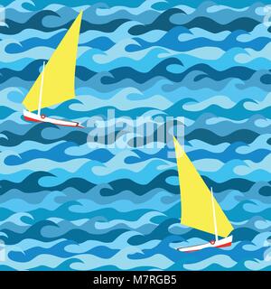 Seamless pattern made of sea waves and yachts Stock Vector