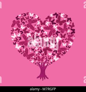 Love tree illustration. Valentine tree, leaf from butterflies Stock Vector