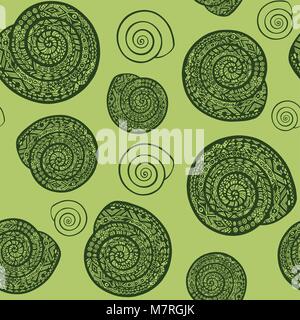 seamless pattern from snails shell on green background Stock Vector
