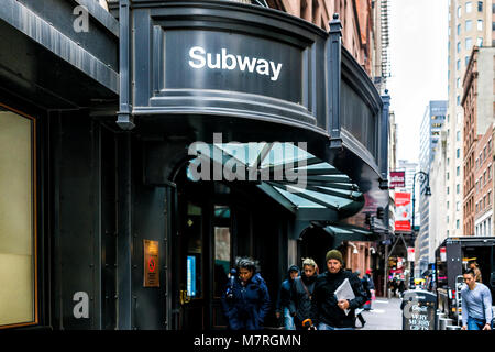 New York City, USA - October 30, 2017: Modern Fulton street NYC Subway Station in downtown exterior entrance sign in Manhattan from Broadway st Stock Photo