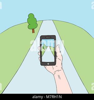 vector illustration of a hand holding a mobile phone with a landscape on the screen Stock Vector