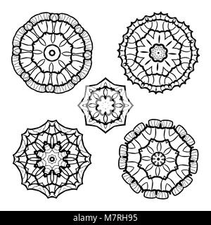 Vector set from five round black and white mandalas. Vector mandalas. Ethnic decorative elements. Hand drawn mandalas. Stock Vector