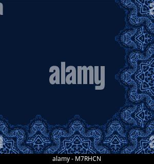 Vector decorative corner border with abstract snowflakes on dark background. Greeting, invitation card with blue lace Stock Vector