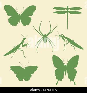 Vector set of silhouettes of insects - butterflies, spider, mantises, dragonfly. Insect silhouette Stock Vector