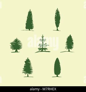 Set of hand drawn sketch trees - pine, fir tree, cypress. Stock Vector