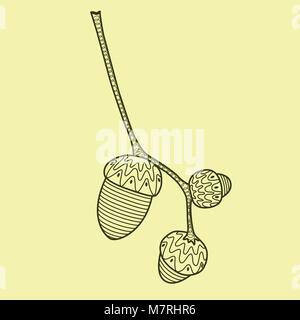 oak twig with three acorns on yellow background Stock Vector