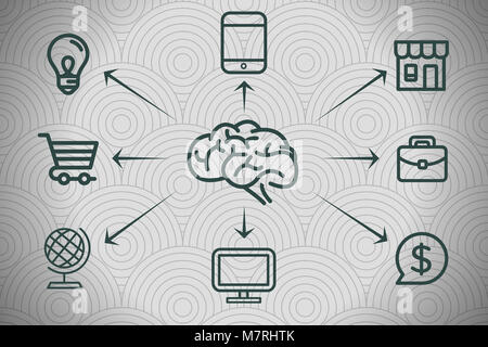 Sustainable business concept. Think sustainable. Expenses concept with icons. A brain icon trying to figure out the solution for each expense. Stock Photo
