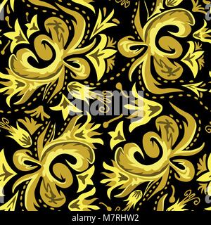 Traditional Russian vector seamless pattern in khokhloma style on dark background Stock Vector