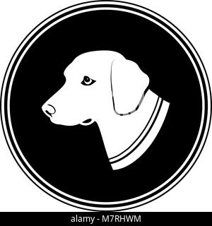 Illustration sign of white dog's head in black round. Silhouette in a Circle - dog. Stock Vector