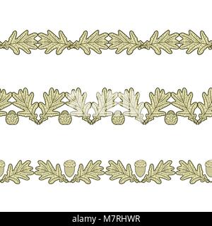 set of the seamless decorative borders from oak leaves and acorns Stock Vector