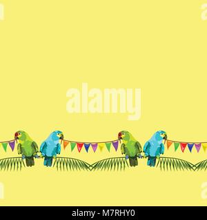 seamless pattern of two parrots with varicolored flags on yellow background Stock Vector