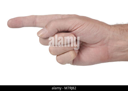 Male hand pointing a finger isolated on a white background. Stock Photo