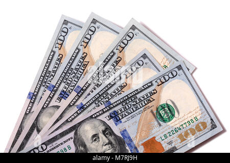 Fan of $100 dollar bills isolated against white with shadow. Stock Photo