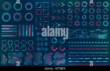 Set HUD Interface Elements - Lines, Circles, Pointers, Frames, Bar Download for Web Applications Stock Vector