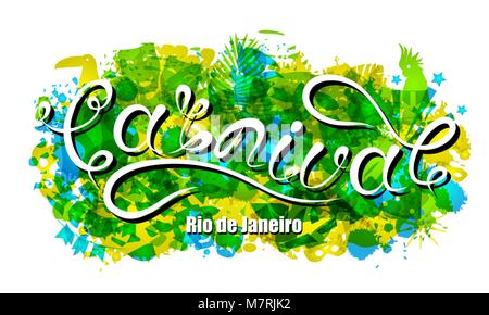 Carnival Lettering for Rio de Janeiro, Background Colors of the Brazilian Flag. Calligraphy Text for Party Stock Vector