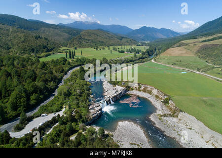 Maruia Falls and Maruia River, near Murchison, Tasman District, South Island, New Zealand - drone aerial Stock Photo