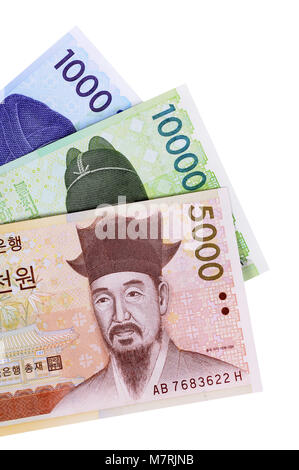 Set of Korean Won currency bills isolated on a white background. Stock Photo