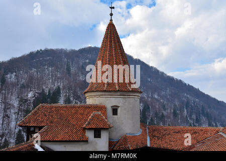 Bran, Romania. February 4, 2017. Tower of the Bran Castle (Castelul Bran), commonly known as 'Dracula's Castle'