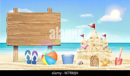 wood board sign on sea sand beach with sand castle Stock Vector