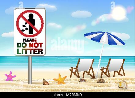 please do not litter sign on sea sand beach Stock Vector