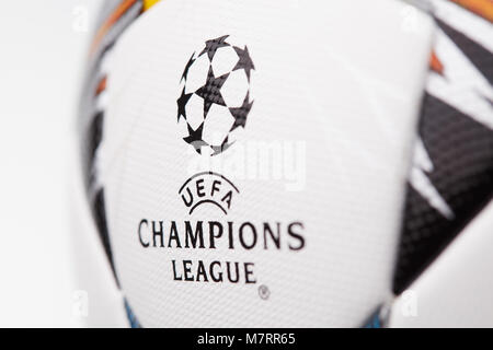 Kiev, Ukraine - February 22, 2018: The official ball of the Champions League Final , which will be held in Kiev, Stock Photo