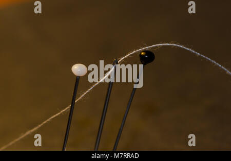 Pins, needle and thread. Macro photography. Stock Photo
