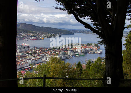 The fjord in Bergen, Norway as viewed through a frame of trees from an overlook on Floyen mountain. A ferry is docked at port. Stock Photo