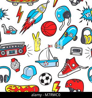 Vector seamless pattern with patches for boy's interests on whit Stock Vector