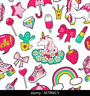 Vector girl's seamless pattern with stickers on white Stock Vector