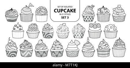Set of isolated cupcake in 21 styles set 3. Cute hand drawn dessert in black outline and white plane on white background. Stock Vector