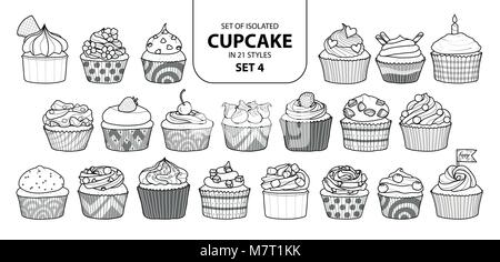 Set of isolated cupcake in 21 styles set 4. Cute hand drawn dessert in black outline and white plane on white background. Stock Vector