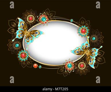 Oval banner adorned with turquoise butterflies and ethnic, jeweled ornaments encrusted with turquoise and jasper on  brown background. Jewelry Design. Stock Vector