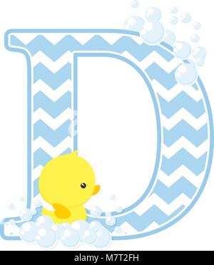 initial d with bubbles and little baby rubber duck isolated on white background. can be used for baby boy birth announcements, nursery decoration, par Stock Vector