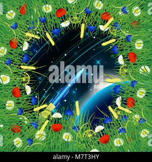 Night sky with sparkling stars, two planets and space rocket. Around the frame of wild herbs and flowers growing toward the center. Bright night summe Stock Vector