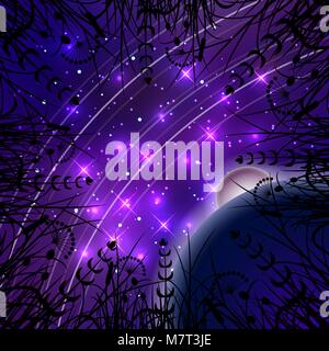 Night sky with sparkling stars, two planets and space rocket. Around the frame of wild black herbs growing toward the center. Purple night summer and  Stock Vector