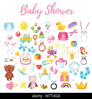 Vector cartoon style illustration of baby shower set of symbols for boy and girl. Newborn design elements and icons. Isolated on white background. Stock Vector