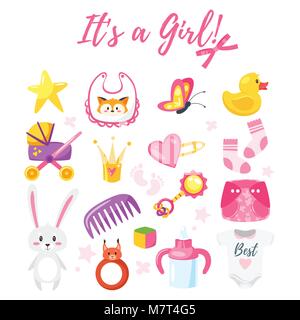 Vector cartoon style illustration of baby shower set of symbols for girl. Newborn design elements and icons. Isolated on white background. Stock Vector