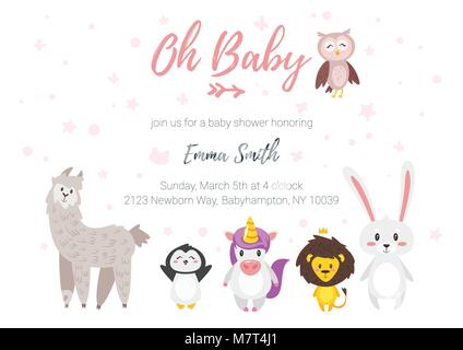 Vector cartoon style illustration of Baby shower invitation. Baby girl or girl celebration greeting card template with different animals. Stock Vector