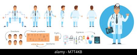 Vector cartoon style man doctor character generator. Different emotions, mouth positions and hand gestures. Medical icons. Isolated on white backgroun Stock Vector