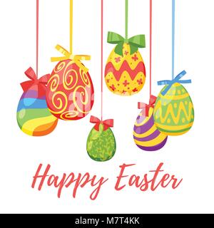 Vector cartoon style illustration of Easter greeting card with holiday eggs hanging on colorful ribbons and color bow. Stock Vector