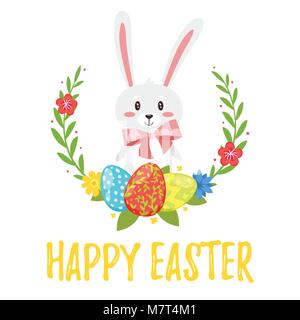 Vector cartoon style illustration of Easter day greeting card with cute bunny with pink bow. Floral wreath with holiday eggs. Happy Easter text. Stock Vector