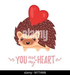 Vector cartoon style illustration of Valentine's day romantic gift card with cute hedgehog and heart on his back. Stock Vector