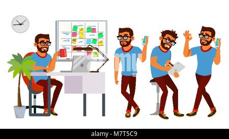 Business Man Character Vector. Working Hindu, Man. Team Room. Brainstorming. Environment Process In Start Up Office. Programmer, Designer. Code. Javascript. Cartoon Business Character Illustration Stock Vector