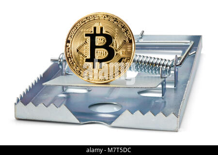 Mousetrap with golden bitcoin, isolated on the white background, clipping path included. Stock Photo