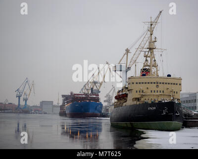 Saint Petersburg, Russia - February 18 2018.  Icebreaker-museum 'Krasin' and nuclear icebreaker 'Siberia'. Stock Photo