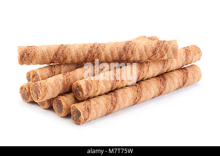Waffle rolls stick closeup isolated on white Stock Photo