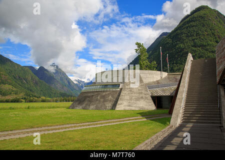 The Norwegian Glacier Museum in Fjaerland, Norway - designed by Norwegian architect Sverre Fehn in 2002 Surrounded by majestic mountains Stock Photo