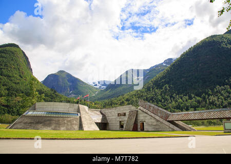 The Norwegian Glacier Museum in Fjaerland, Norway - designed by Norwegian architect Sverre Fehn in 2002 Surrounded by majestic mountains Stock Photo